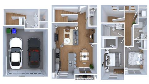 A 3D floor plan of a house with a car parked in the garage.